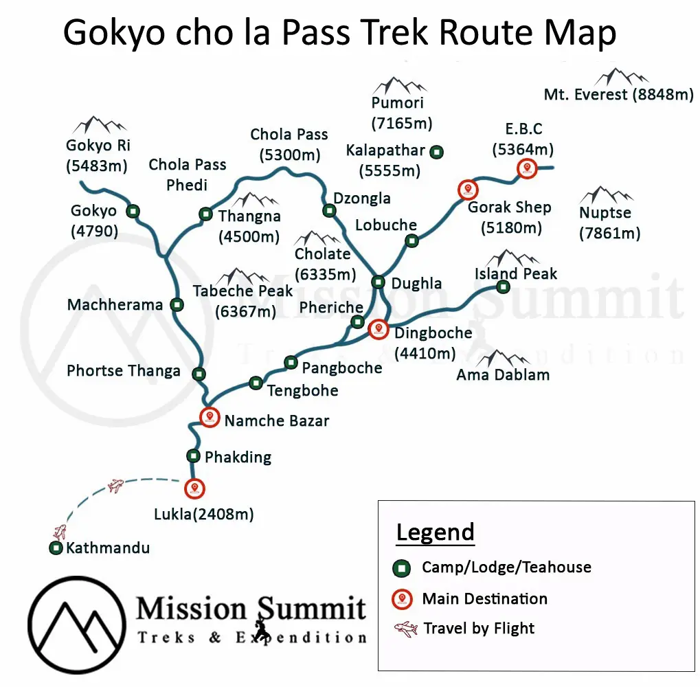 Gokyo Cho la pass with Everest Base Camp map