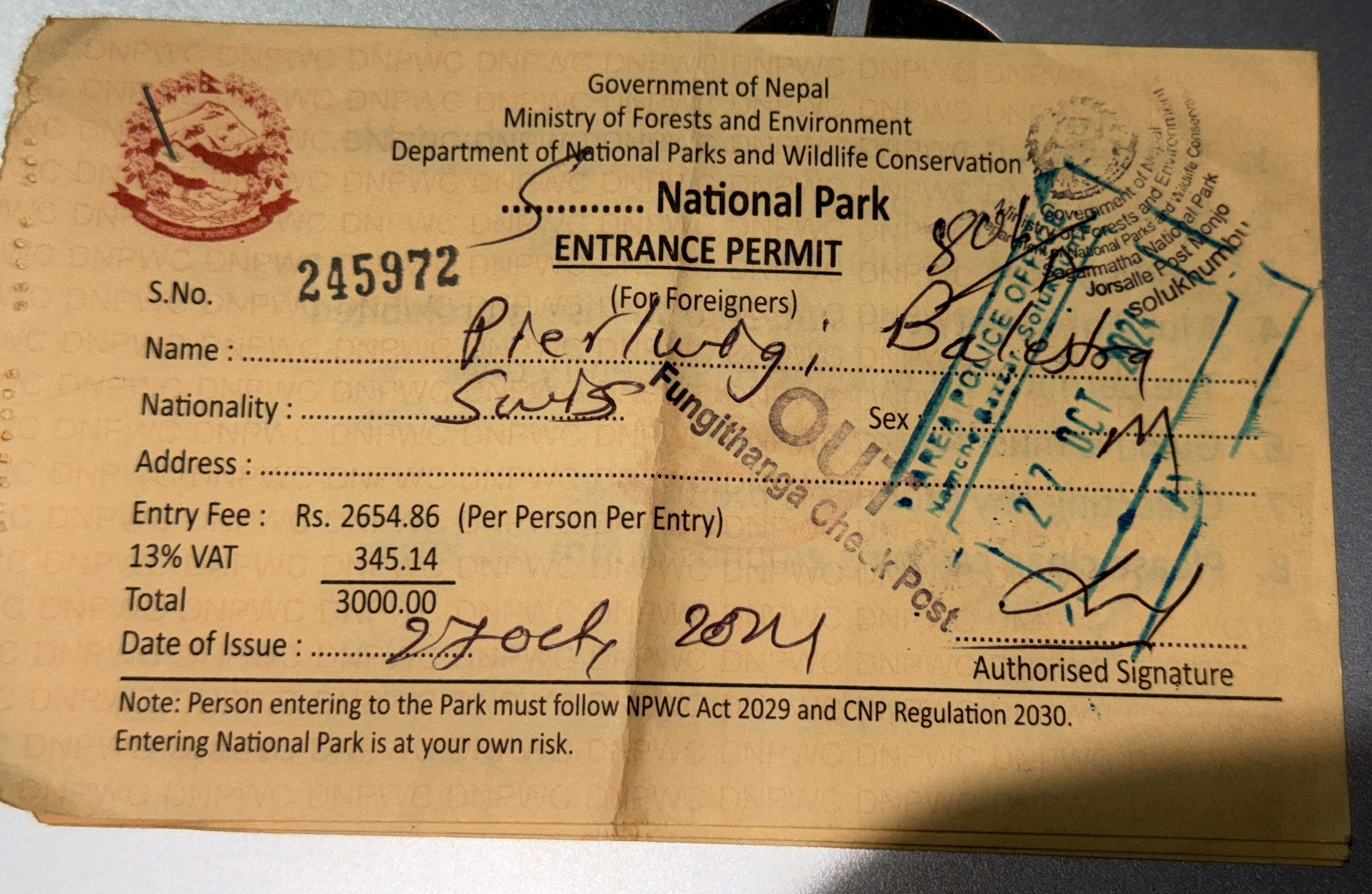 Sagarmatha National Park Permit