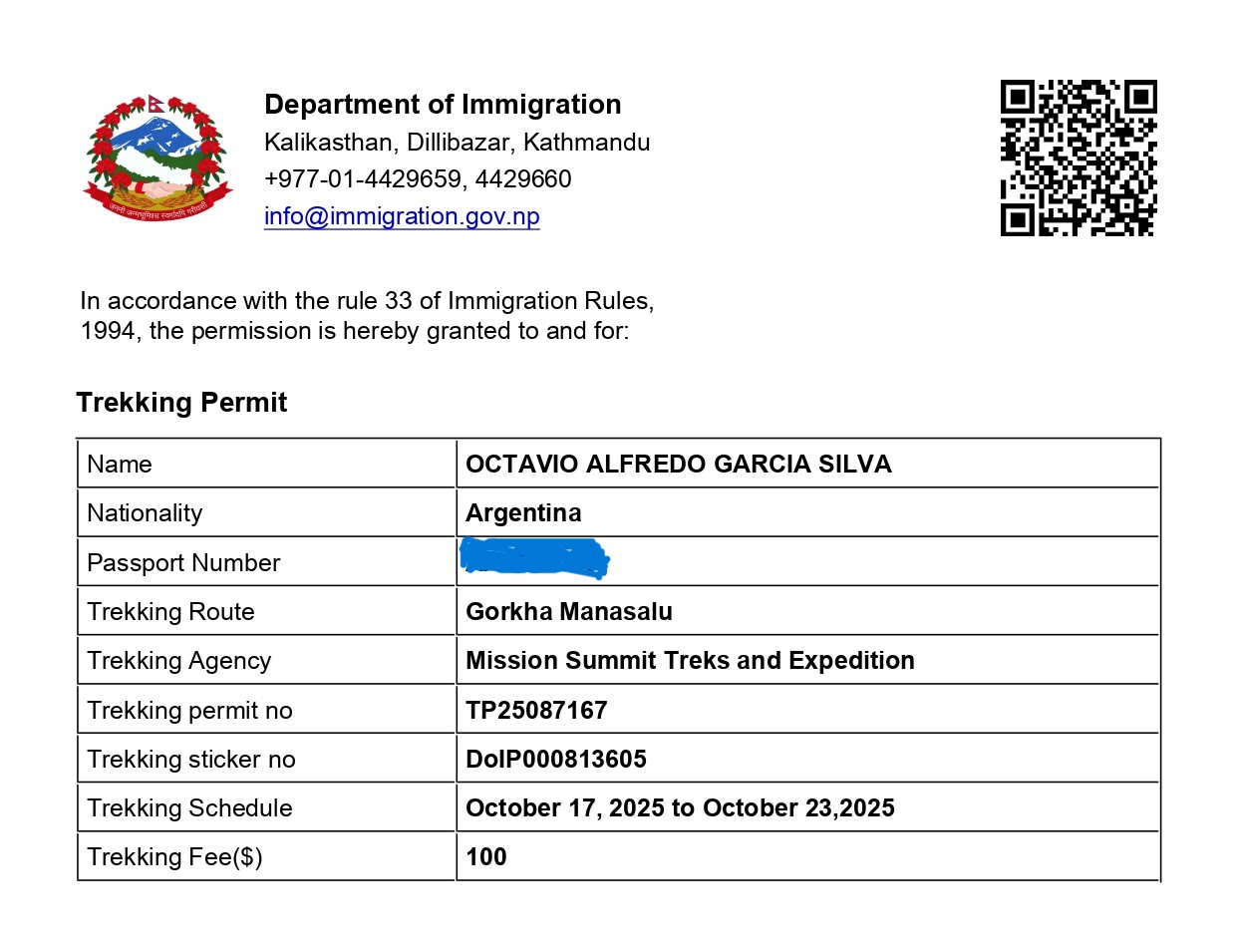 Restricted area permit of Manaslu circuit