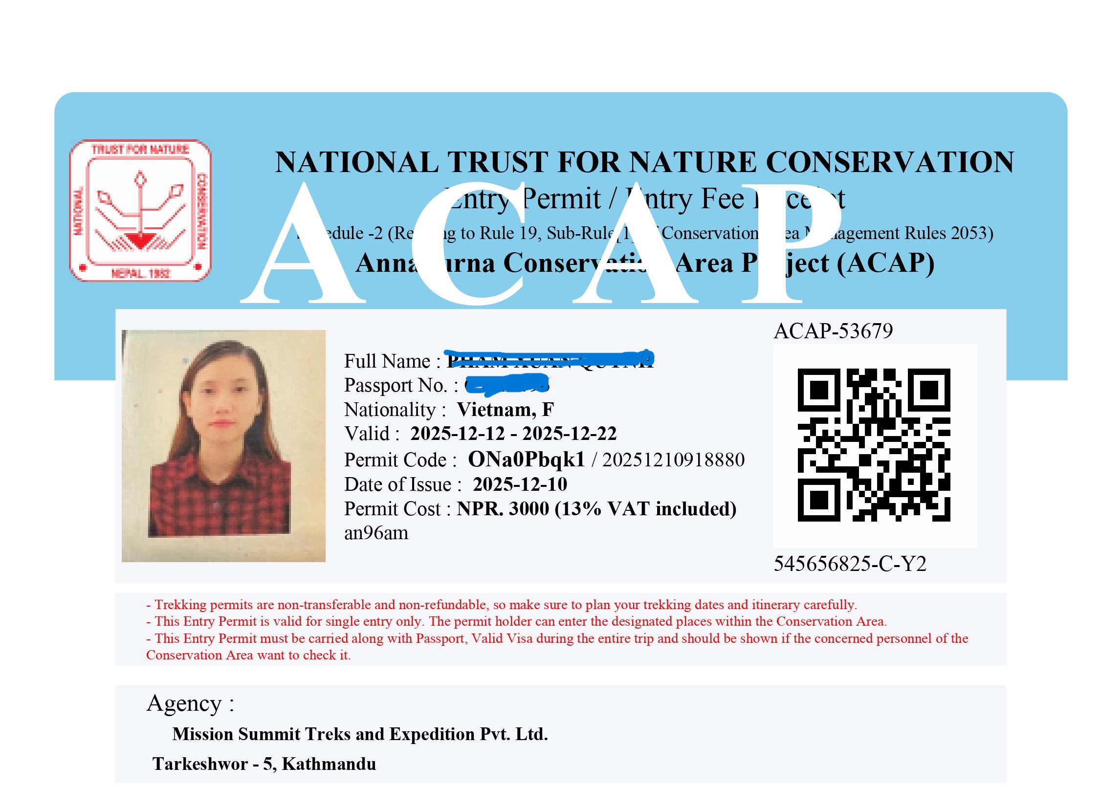 Annapurna conservation area permit
